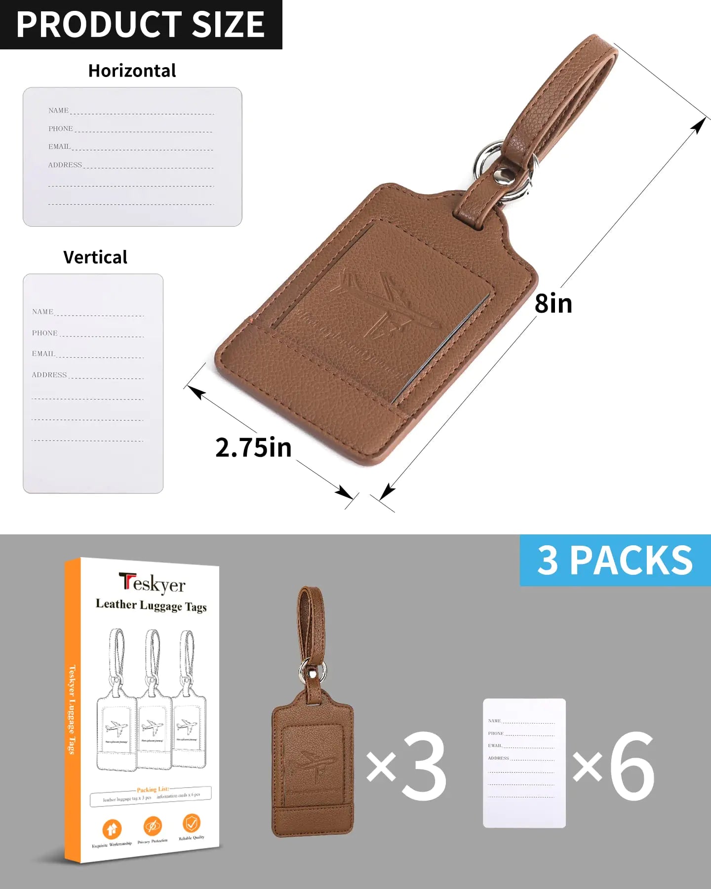 Luggage Tags, 3 Pack Premium PU Leather, Privacy